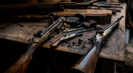 Old antique rifles on table