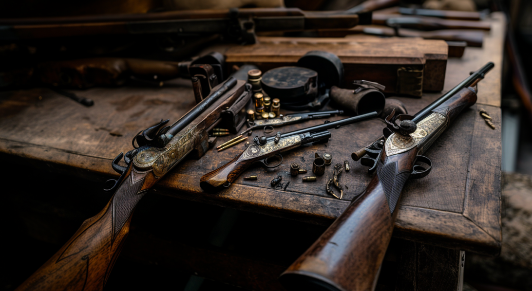 Old antique rifles on table